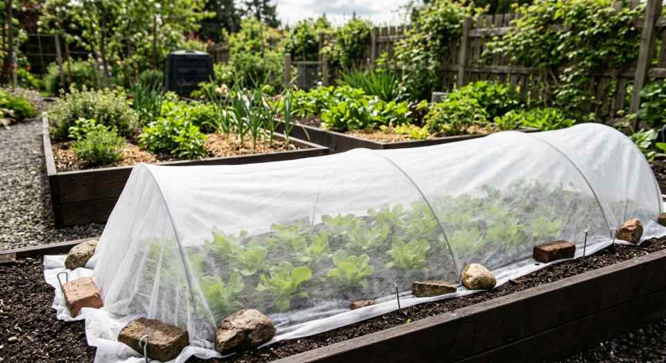 A horizontal close-up view of a backyard garden raised bed completely covered by a lightweight white floating agricultural fabric sheet weighted down at the borders with smooth stones.