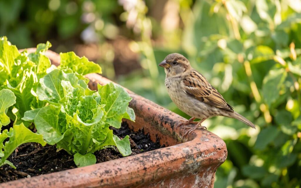 A close-up horizontal photograph of a House Sparrow bird perched on the edge of a garden planter box next to green leafy lettuce foliage.