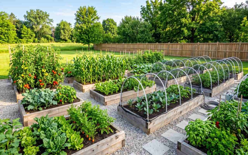 A wide-angle backyard vegetable garden layout featuring mixed cedar raised beds protected by white PVC hoop netting structures, sweet corn rows, and vining tomato cages.