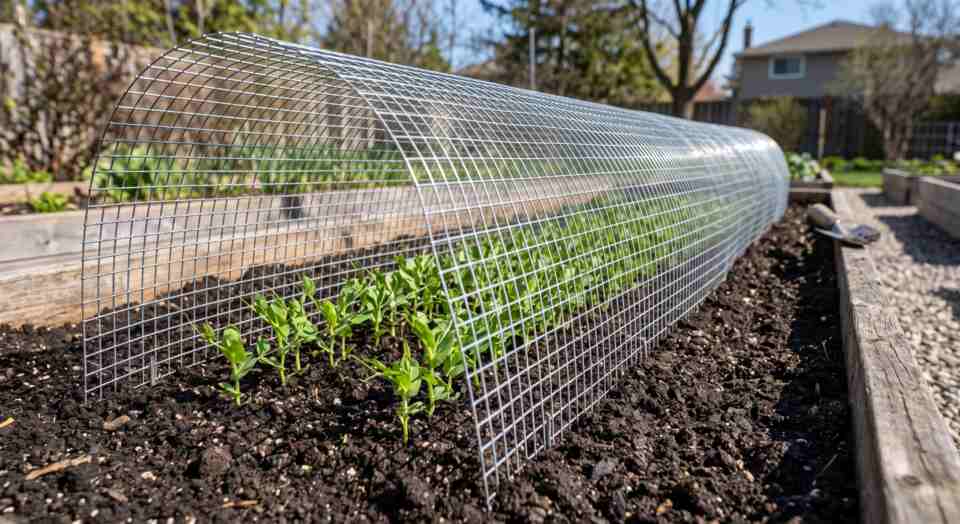 A horizontal close-up photograph of a backyard garden raised bed showing early spring pea seedlings protected beneath a low tunnel made of bent galvanized wire hardware cloth.