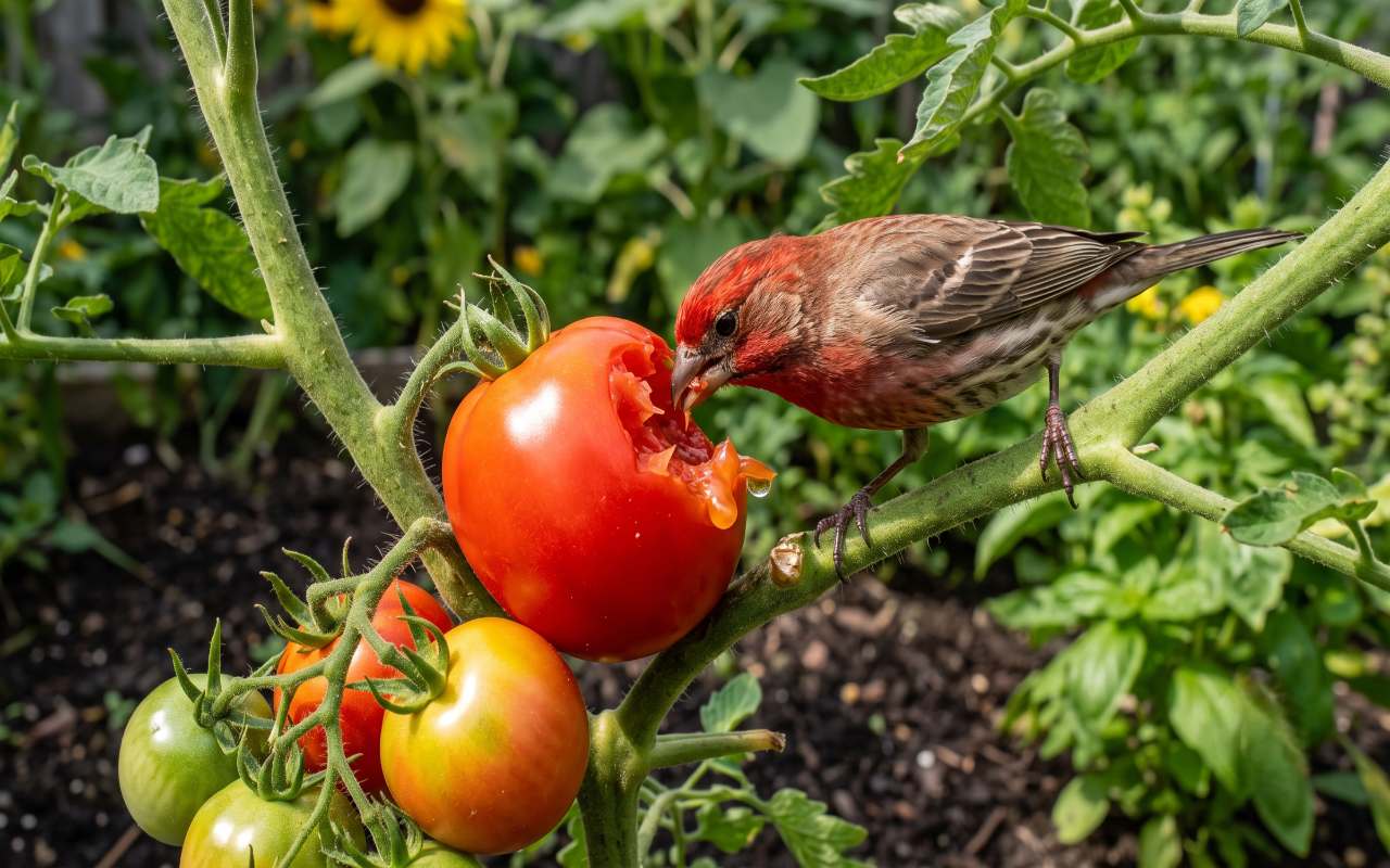 A close-up macro photograph of a male house finch bird perched on a garden vine pecking a hole into a ripening red tomato.