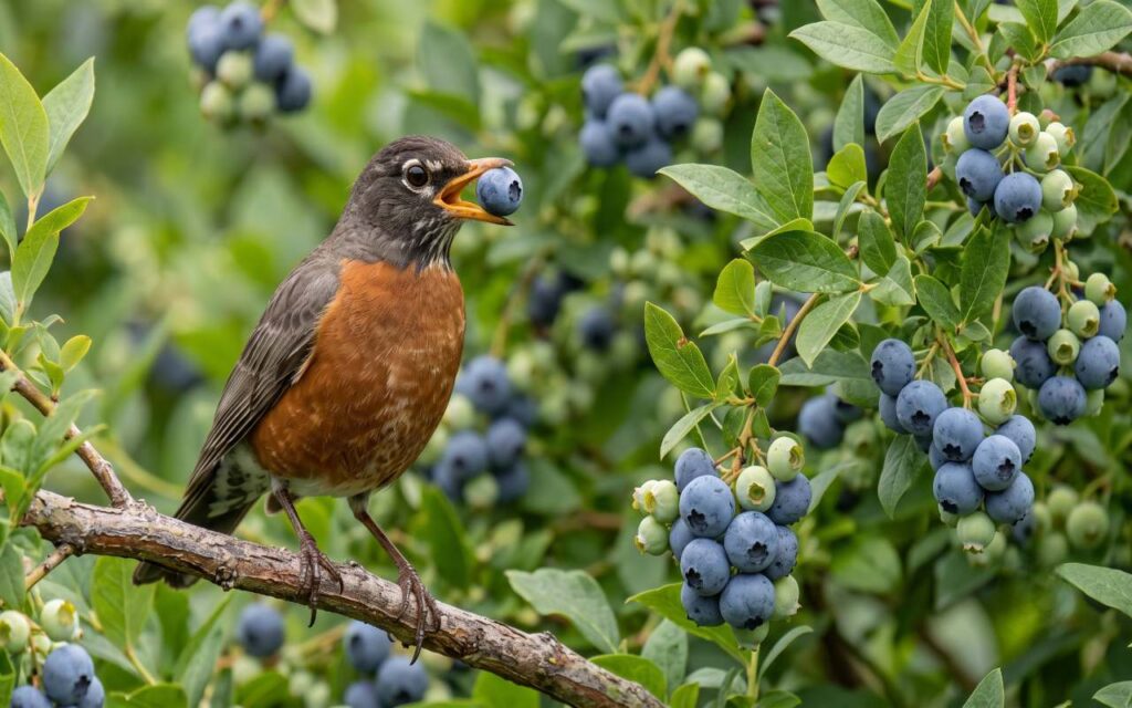 An American Robin perched on a branch with a ripe blue berry in its beak, serving as the primary featured image for the backyard blueberry protection guide.