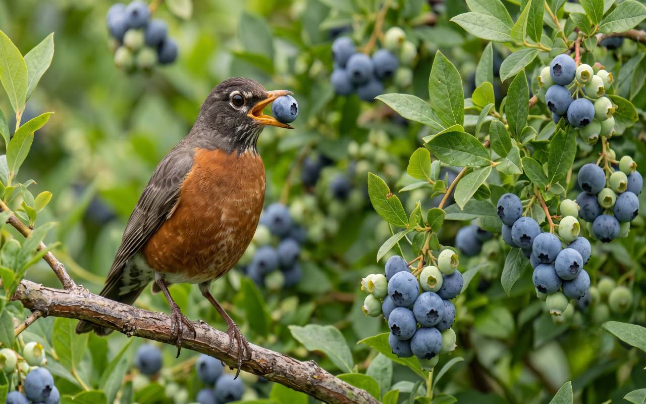 An American Robin perched on a branch with a ripe blue berry in its beak, serving as the primary featured image for the backyard blueberry protection guide.