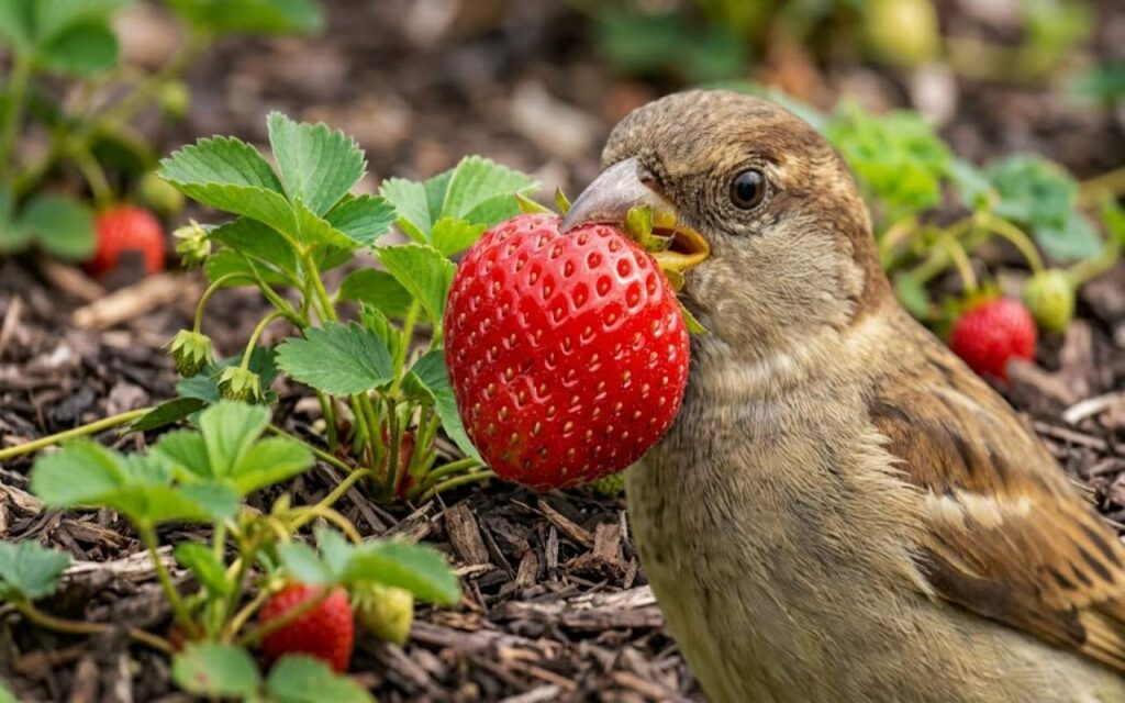 A House Sparrow sitting on garden mulch with a ripe red strawberry in its beak, serving as the primary featured image for the backyard strawberry protection guide.