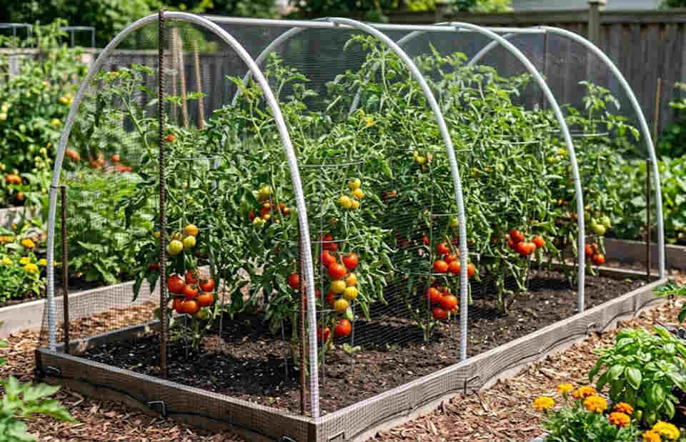 An outdoor close-up view of tall backyard garden tomato plants growing inside wire cages under a white arched PVC conduit exclusion frame wrapped in tight mesh netting.