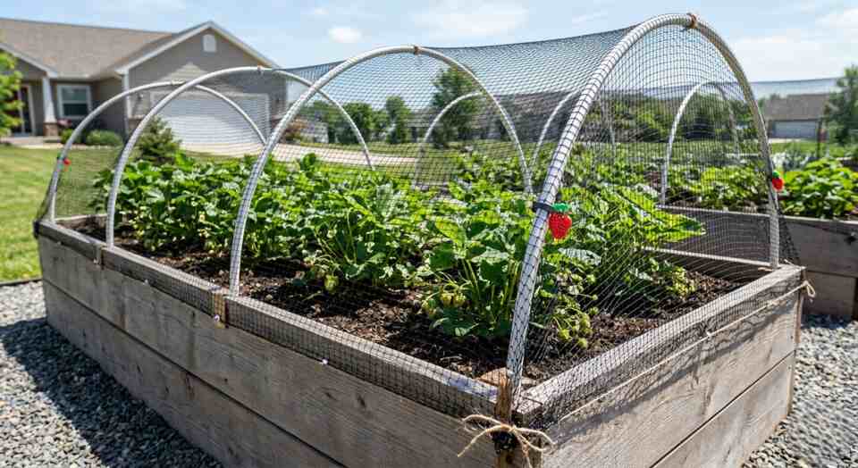 A real-world backyard vegetable garden showing a rectangular wooden 2x2 box frame wrapped tightly with 1/4-inch mesh hardware cloth protecting a raised bed full of ripening strawberries from birds.