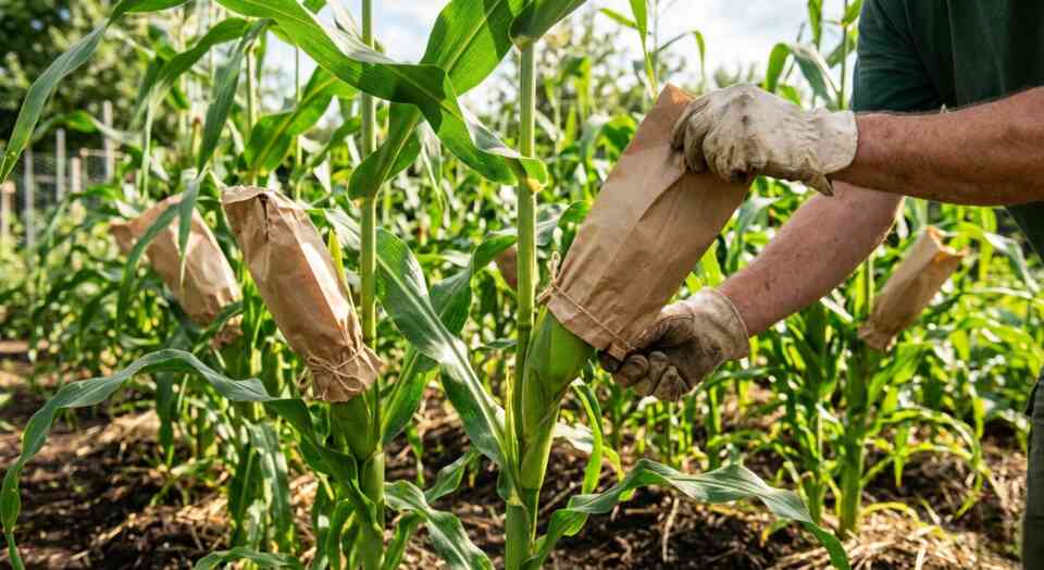 A close-up horizontal photograph of a ripening ear of sweet corn on a vertical stalk covered tightly with an upside-down brown paper lunch bag secured at the base with a rubber band.