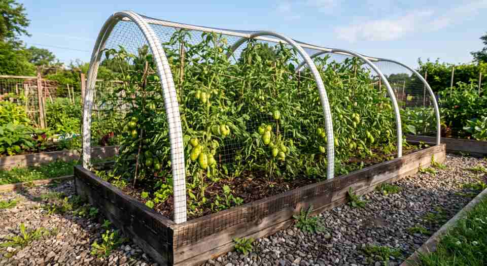 A real-world horizontal view of a backyard garden raised bed covered by a custom DIY frame made of bent white PVC conduit pipes wrapped tightly in black wire mesh netting to protect tomato plants.