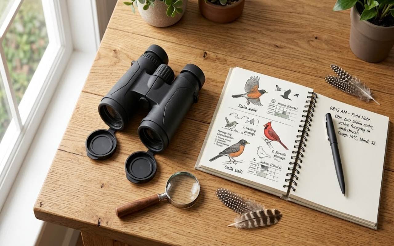 Flatlay photo of bird watching research equipment, binoculars, and field guide notes used for the 2026 industry statistics report.