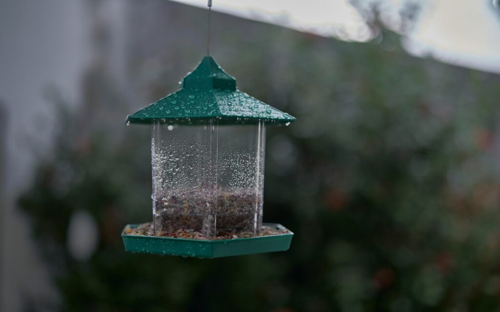 A clear polycarbonate weather guard dome installed above a hanging bird feeder to block rain and moisture.