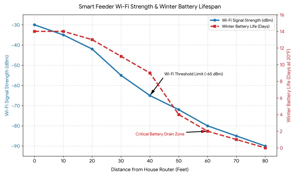 Line graph mapping how smart bird feeder Wi-Fi signal strength drops and winter battery life drains as the distance from the house router increases.