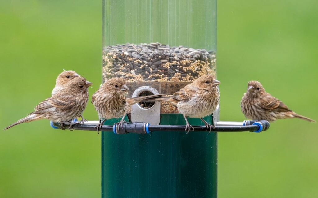 A busy flock of house finches crowding a tube station to show when are birds most active at feeders during peak morning hours