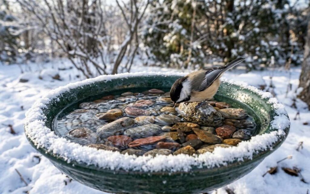 A small Black-capped Chickadee perches on a smooth river stone to drink shallow water from a green ceramic bird bath filled with pebbles on a snowy winter day.