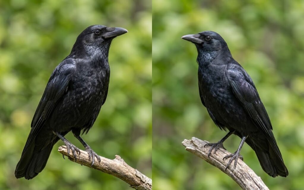 Side-by-side identification model illustrating an American Crow on the left and a Fish Crow on the right. Digitally generated for educational species comparison purposes.