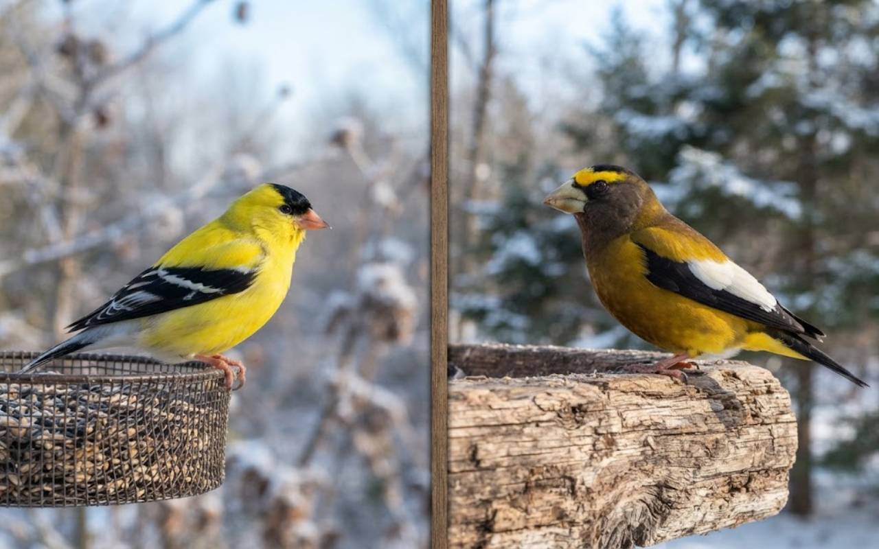 A side-by-side comparison photo showing a tiny, small-billed American Goldfinch on the left split and a massive, thick-billed Evening Grosbeak with a yellow eyebrow on the right split.