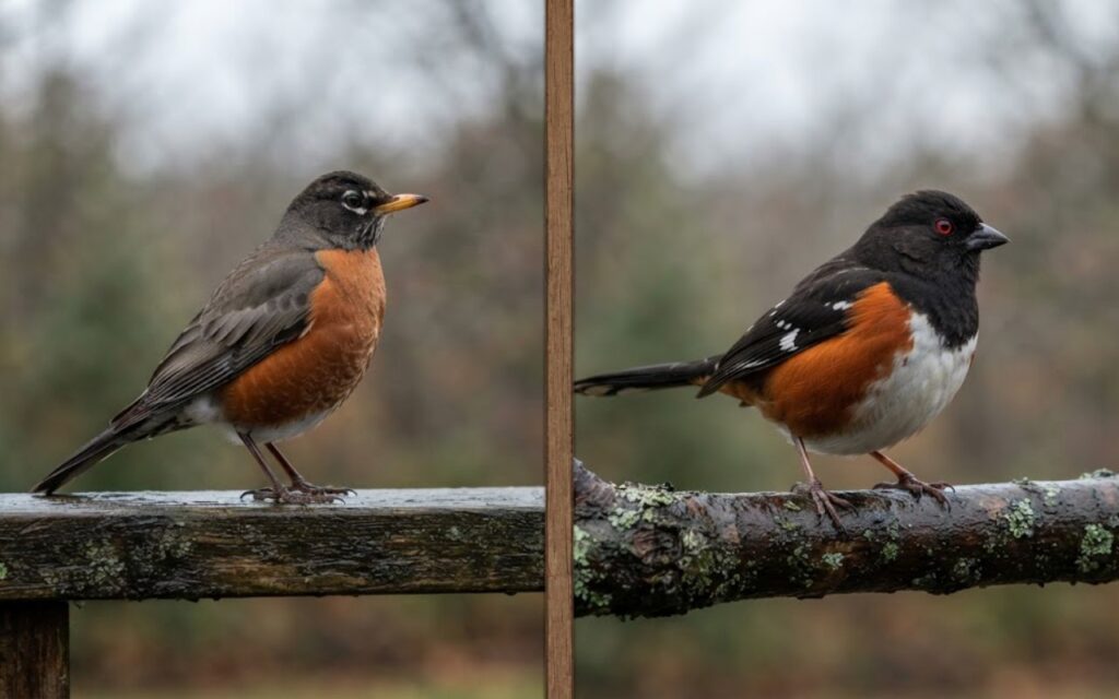 A side-by-side bird identification photo showing a plain orange-breasted American Robin on a wooden rail next to a black-hooded Eastern Towhee with a white belly and orange sides on a mossy branch.