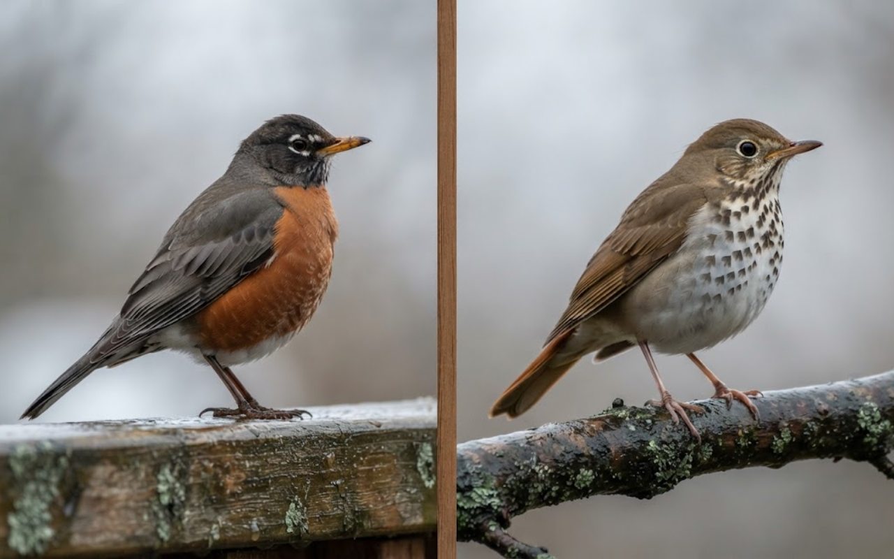 A side-by-side bird identification photo showing a plain orange-breasted American Robin on a wooden railing next to a spotted-breasted Hermit Thrush with a warm rufous tail on a branch.