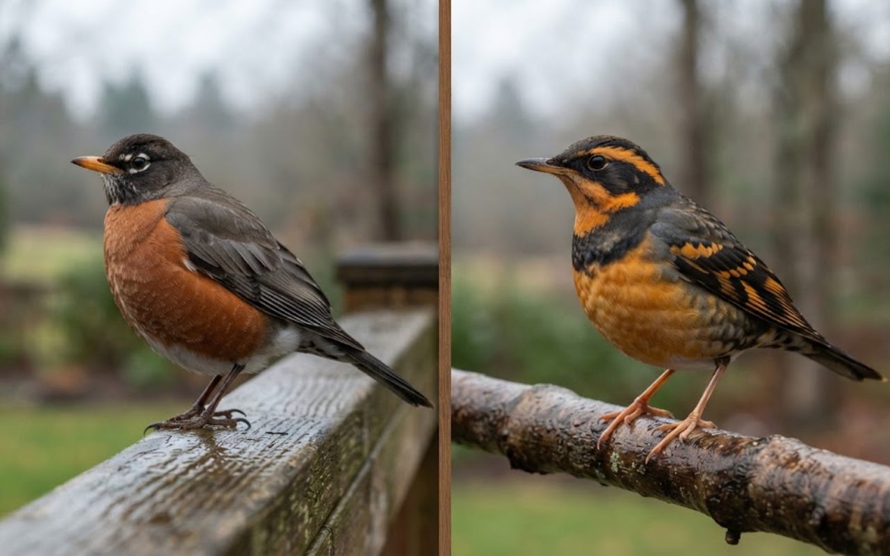 A side-by-side comparison photo showing a plain orange-breasted American Robin on the left split and a dark-banded, orange-winged Varied Thrush on the right split.