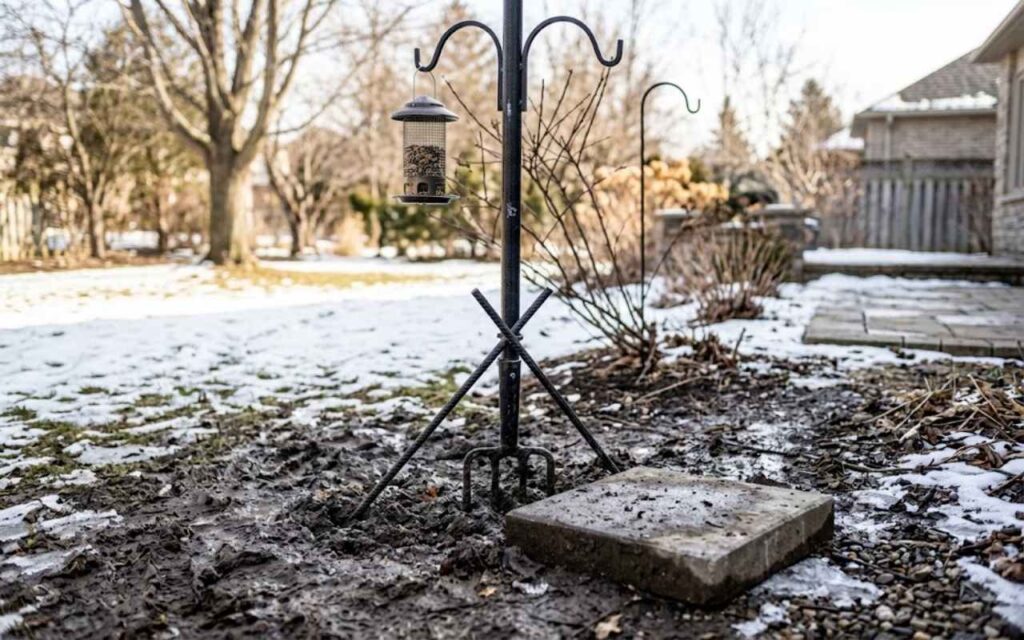 A heavy-duty black metal multi-hook bird feeder pole is stabilized in deep backyard mud and melting snow using two interlocking rebar stakes driven at an angle next to a concrete paving stone.