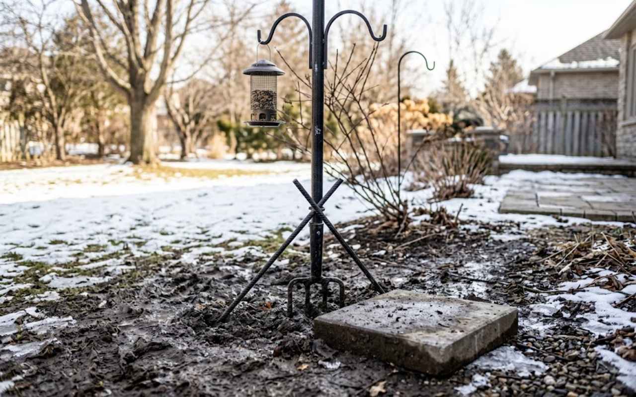 A heavy-duty black metal multi-hook bird feeder pole is stabilized in deep backyard mud and melting snow using two interlocking rebar stakes driven at an angle next to a concrete paving stone.