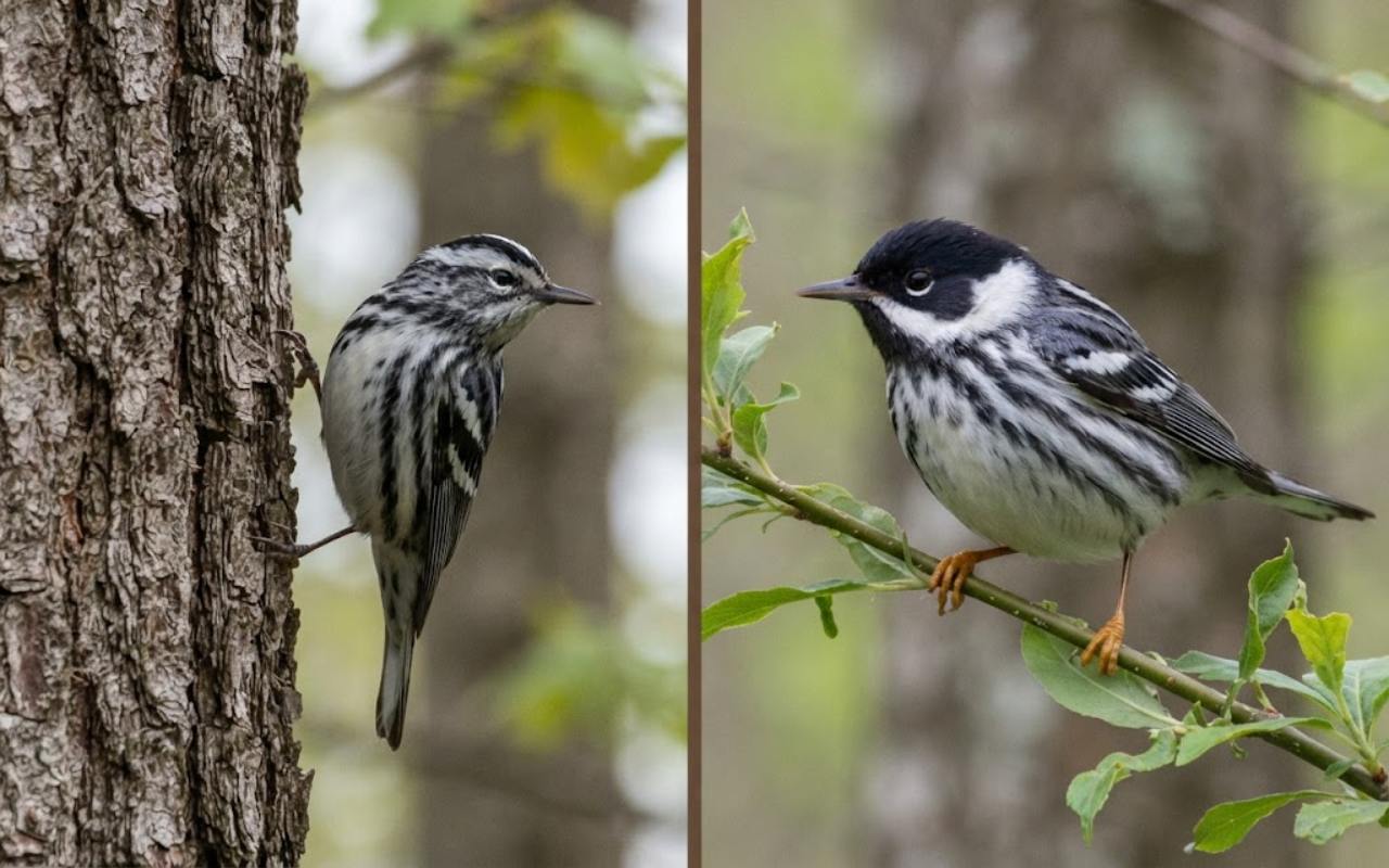 A raw split-screen photo showing a trunk-creeping Black-and-White Warbler with a striped crown on the left and a branch-perched male Blackpoll Warbler with a solid black cap and orange legs on the right.