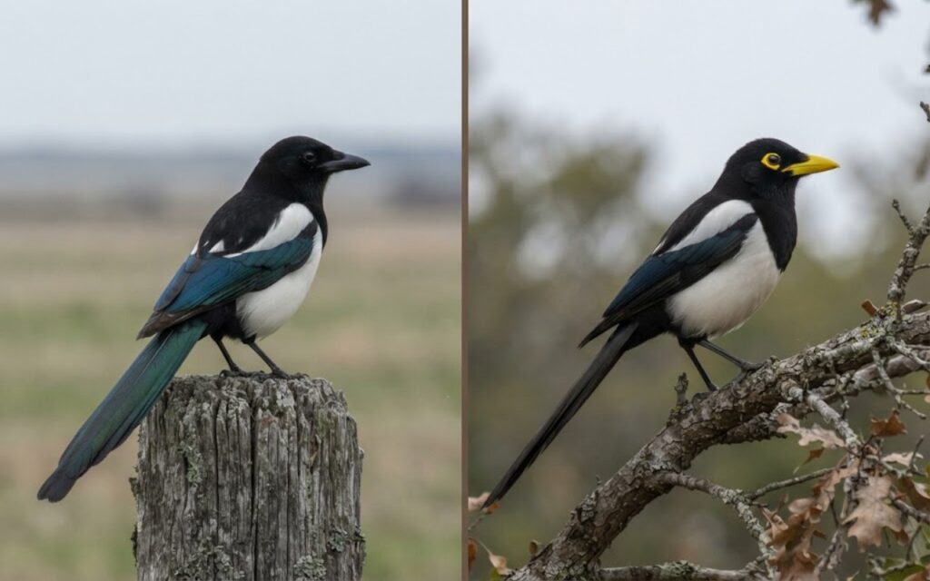 A raw split-screen photo showing a Black-billed Magpie with a black beak on the left and a Yellow-billed Magpie with a yellow beak and yellow eye skin on the right.