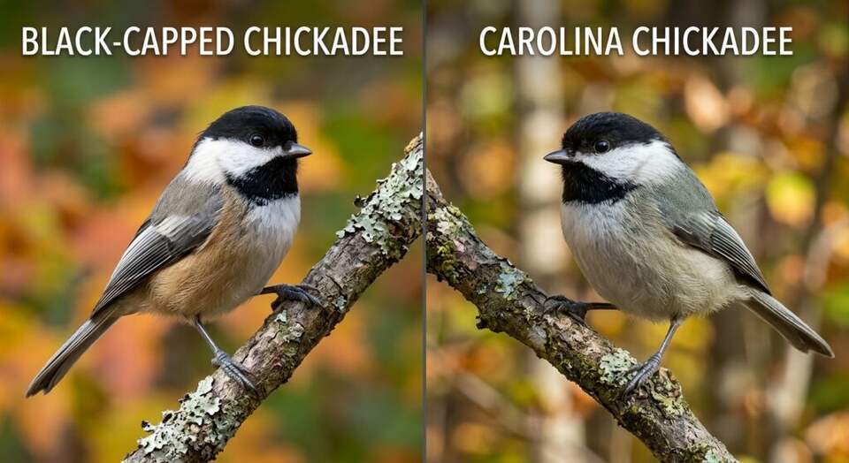 A black-capped chickadee on the left and a carolina chickadee on the right.