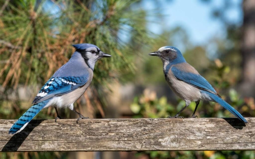A raw, unedited birding photo showing a crested Blue Jay with patterned wings perched next to a flat-headed, gray-backed Florida Scrub-Jay on a rustic rail.
