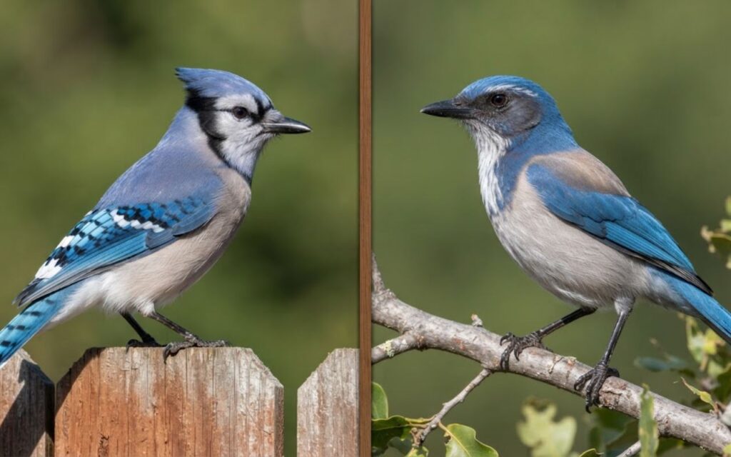 A side-by-side comparison photo showing a crested, white-barred Blue Jay on the left split and a flat-headed, gray-backed California Scrub-Jay on the right split.