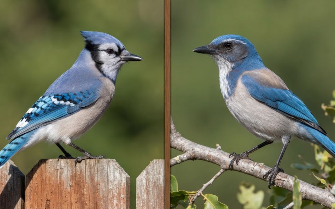 A side-by-side comparison photo showing a crested, white-barred Blue Jay on the left split and a flat-headed, gray-backed California Scrub-Jay on the right split.