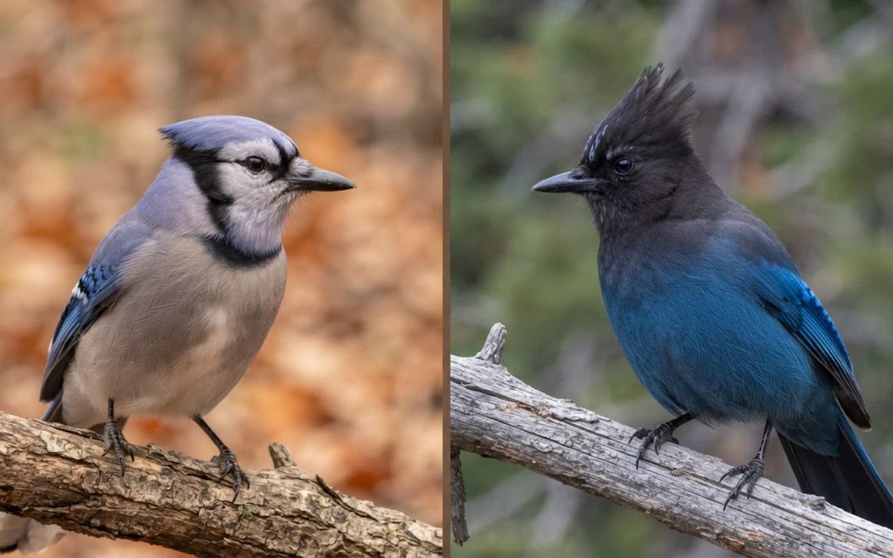 A split-screen photo showing a Blue Jay with a white face and black collar on the left and a Steller's Jay with a charcoal-black crest on the right.