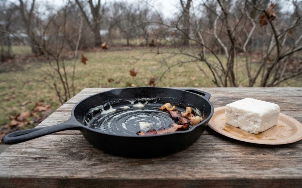 A raw, unedited backyard photo of white congealed bacon grease inside a cold cast-iron skillet next to a block of clean, raw white beef suet on an overcast morning.