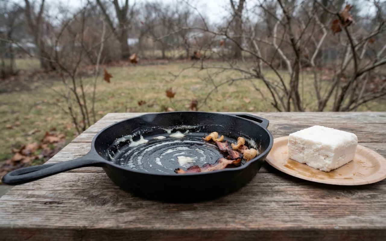 A raw, unedited backyard photo of white congealed bacon grease inside a cold cast-iron skillet next to a block of clean, raw white beef suet on an overcast morning.
