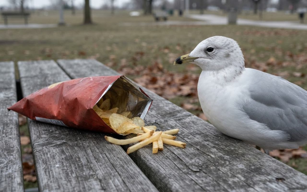 A raw, unedited photo of a wild seagull standing next to spilled potato chips and french fries on a weathered wooden picnic table on an overcast morning.