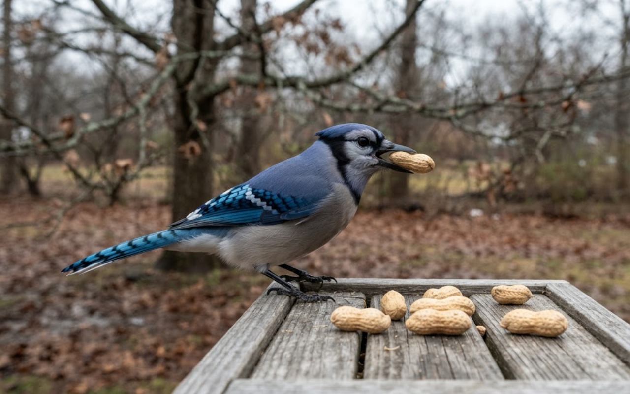 A raw, unedited wildlife photo of a vibrant Blue Jay gripping a whole unsalted peanut in its beak on a grey wooden platform feeder during a cloudy winter morning.