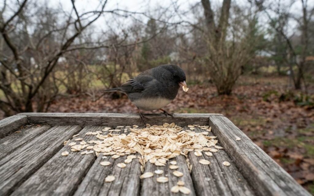 A raw, unedited backyard photo of a small dark-eyed junco standing next to a scattered pile of dry uncooked rolled oats on a weathered wooden platform feeder.