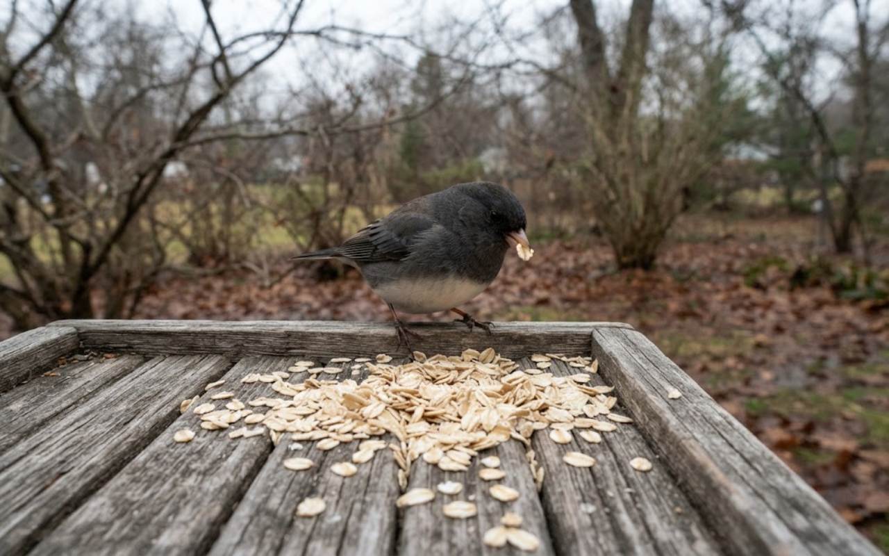 A raw, unedited backyard photo of a small dark-eyed junco standing next to a scattered pile of dry uncooked rolled oats on a weathered wooden platform feeder.