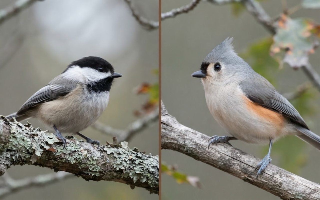 Side-by-Side Black-Capped Chickadee and Tufted Titmouse Comparison