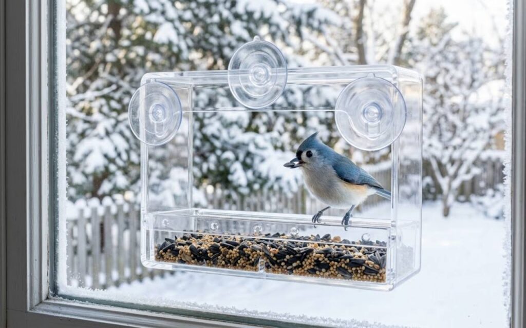 A clear acrylic window bird feeder attached to a frosty glass window pane by three suction cups houses a Tufted Titmouse eating mixed seeds against a snow-covered backyard background.
