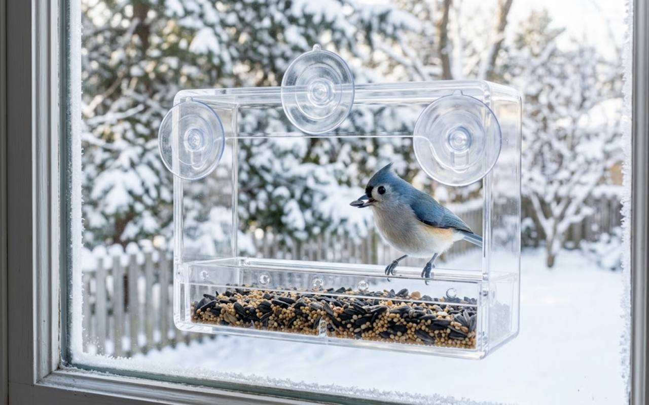 A clear acrylic window bird feeder attached to a frosty glass window pane by three suction cups houses a Tufted Titmouse eating mixed seeds against a snow-covered backyard background.