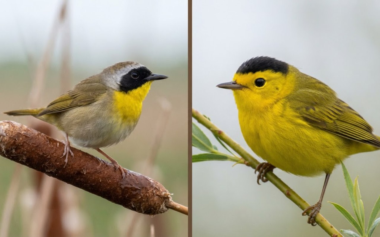 A raw split-screen photo showing a black-masked Common Yellowthroat on a cattail reed on the left and a black-capped male Wilson's Warbler on a green branch on the right.
