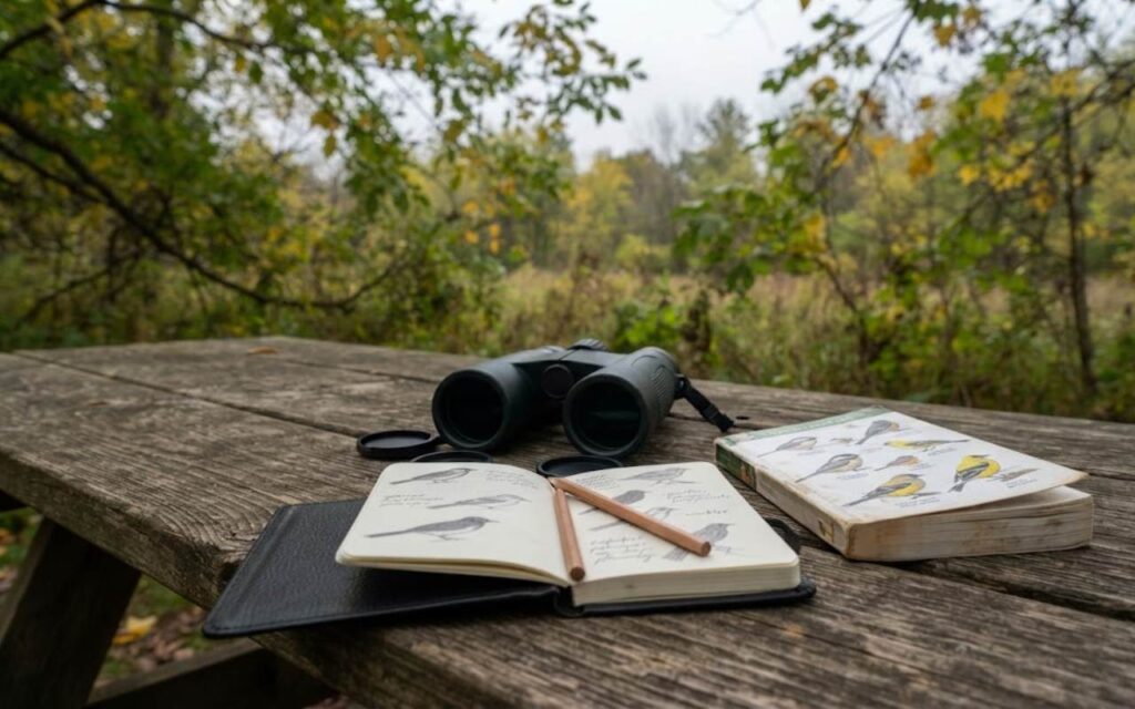 A raw, unedited field photo of a pair of black binoculars next to an open pocket notebook with hand-drawn bird sketches on a weathered wooden table on a cloudy morning.