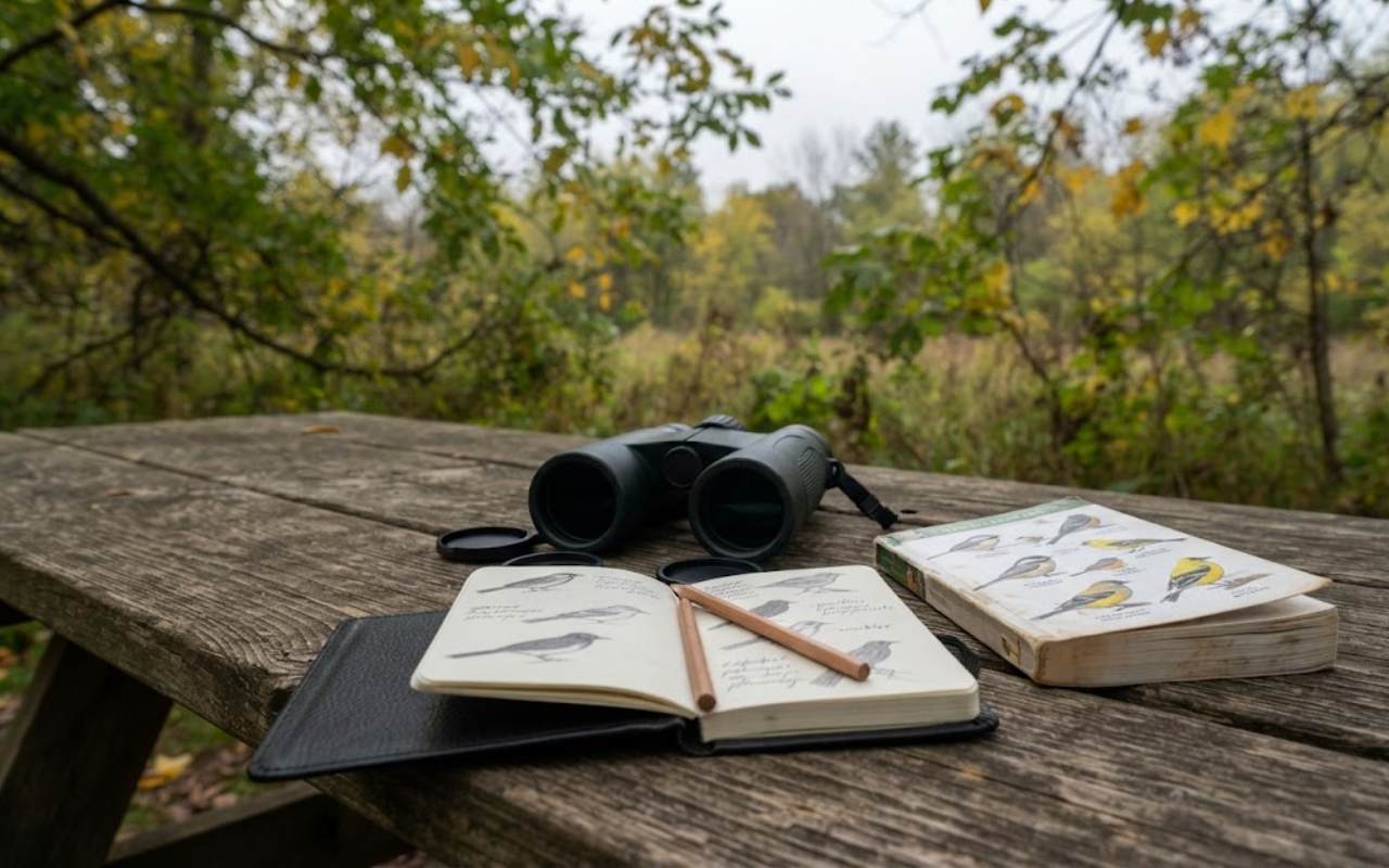 A raw, unedited field photo of a pair of black binoculars next to an open pocket notebook with hand-drawn bird sketches on a weathered wooden table on a cloudy morning.