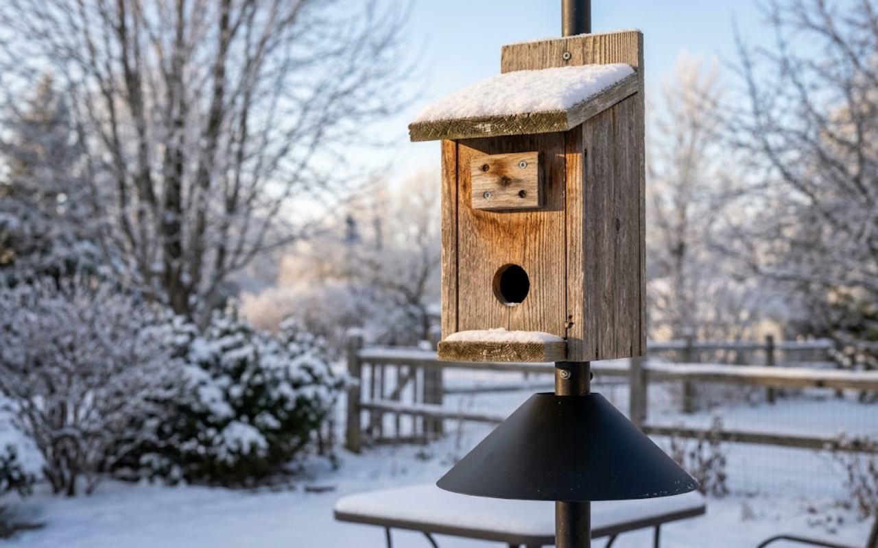 A modified wooden birdhouse converted into a winter roost box with a low entrance hole, a blocked upper summer hole, and a black cone predator baffle on the mounting pole in a snow-covered backyard.