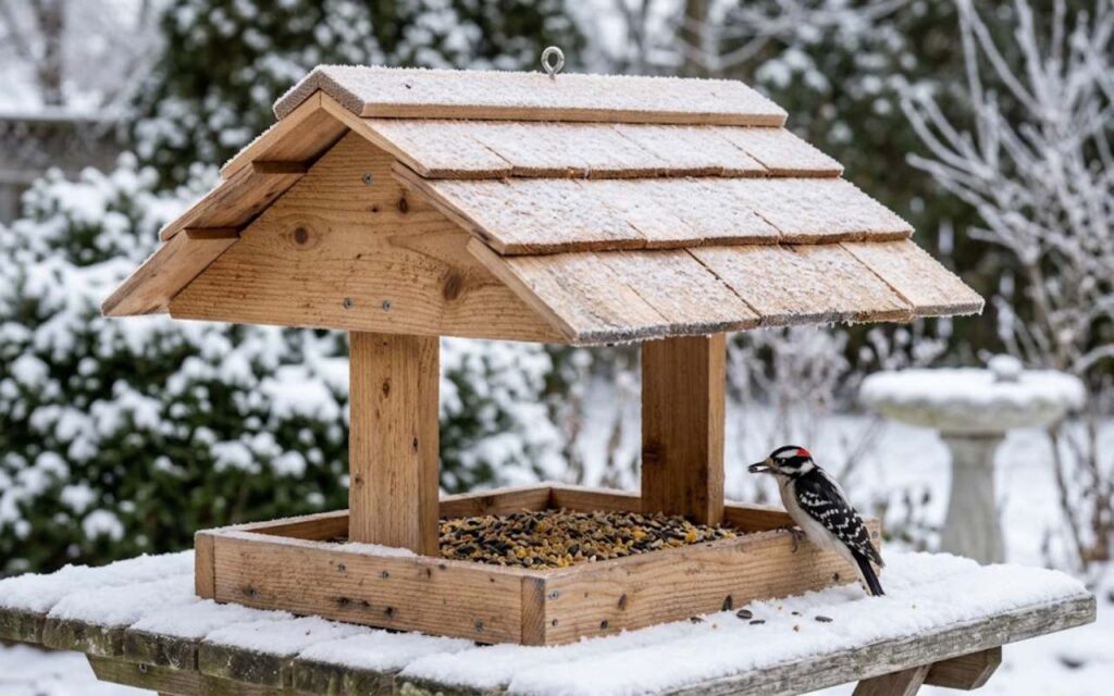 A small black and white Downy Woodpecker with a tiny red spot on its head perches on the edge of a rustic wooden covered platform bird feeder that has a snow-dusted, double-sloped cedar shingle roof.