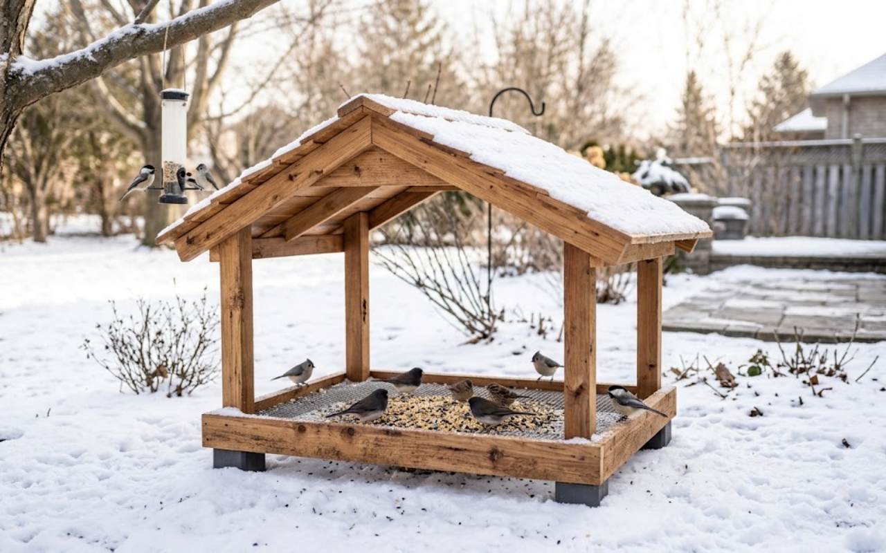 A low-profile wooden ground bird feeder made of cedar features a sloped roof dusted with snow and a galvanized wire mesh floor raised on corner blocks while juncos and chickadees eat seeds on a winter morning.