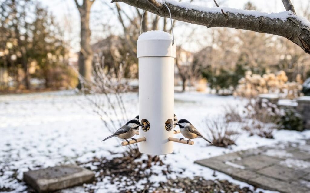 A handmade white PVC pipe bird feeder filled with sunflower seeds hangs from a snow-dusted tree branch while two Black-capped Chickadees perch on wooden dowels to feed on a winter afternoon.