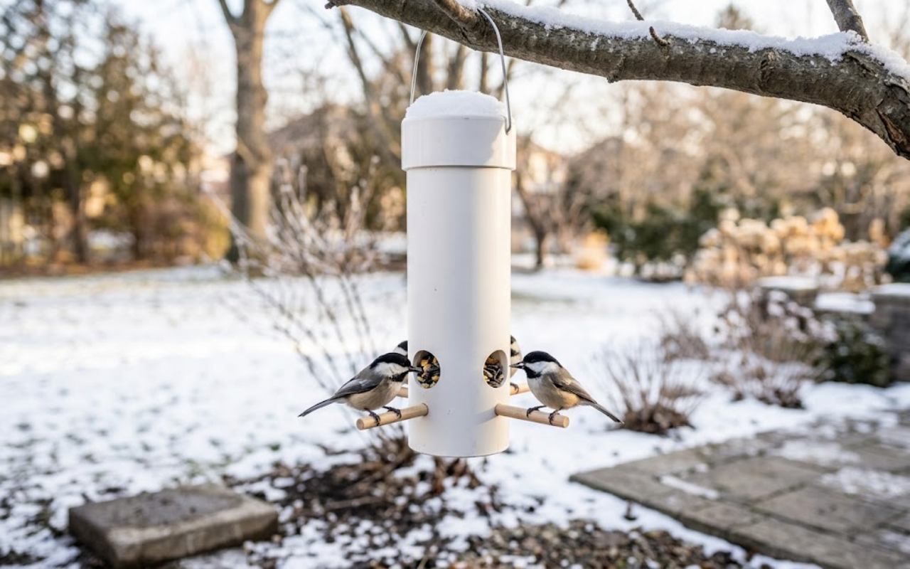 A handmade white PVC pipe bird feeder filled with sunflower seeds hangs from a snow-dusted tree branch while two Black-capped Chickadees perch on wooden dowels to feed on a winter afternoon.