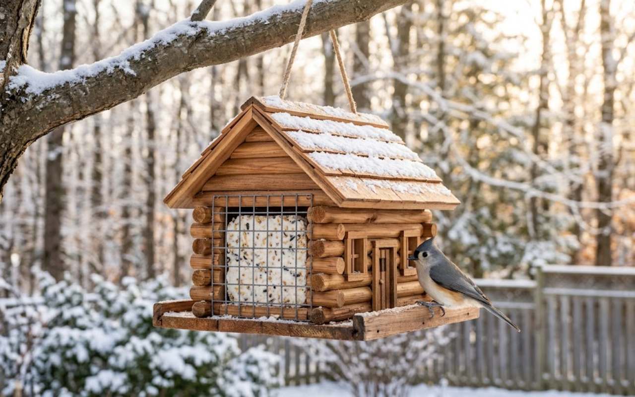 A miniature wooden bird feeder built like a log cabin hangs from a snowy winter tree branch by a rope while a Tufted Titmouse perches on its tray to eat from an internal suet cake.