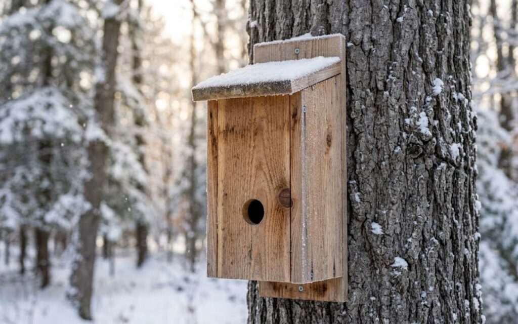 A rustic wooden bird roost box with an entry hole positioned near the bottom is mounted vertically to a thick tree trunk in a snow-covered winter forest.